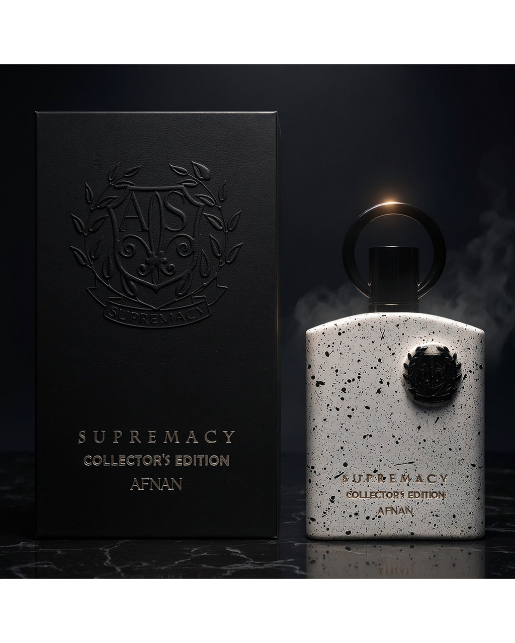 Afnan Supremacy Collector's Edition bottle and box — luxury lifestyle image