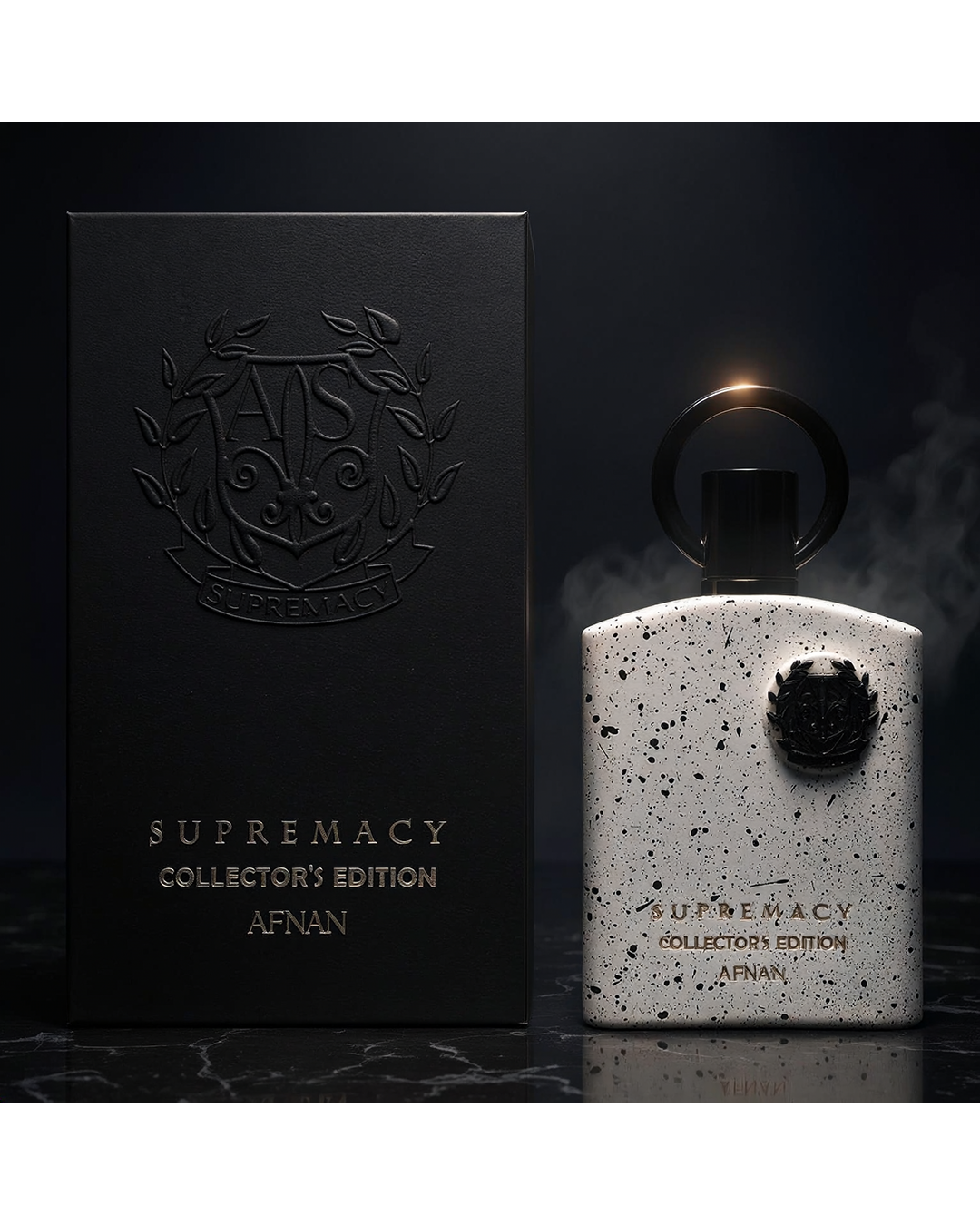 Afnan Supremacy Collector's Edition bottle and box — luxury lifestyle image