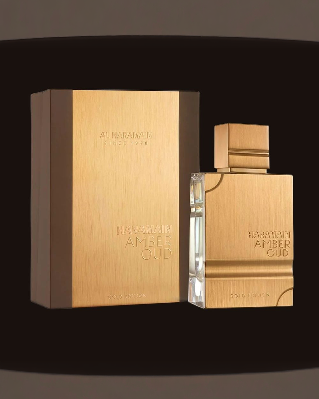Al Haramain Amber Oud Gold Edition bottle and box — luxury lifestyle image