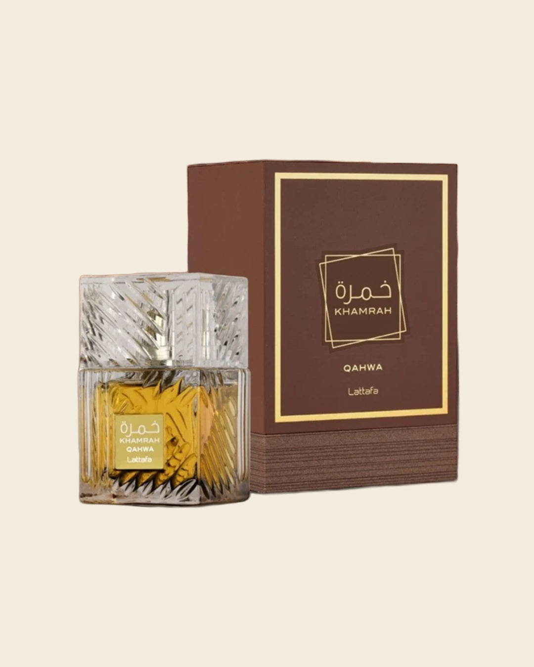 Lattafa Khamrah Qahwa EDP bottle and box — Veluxo clean product image