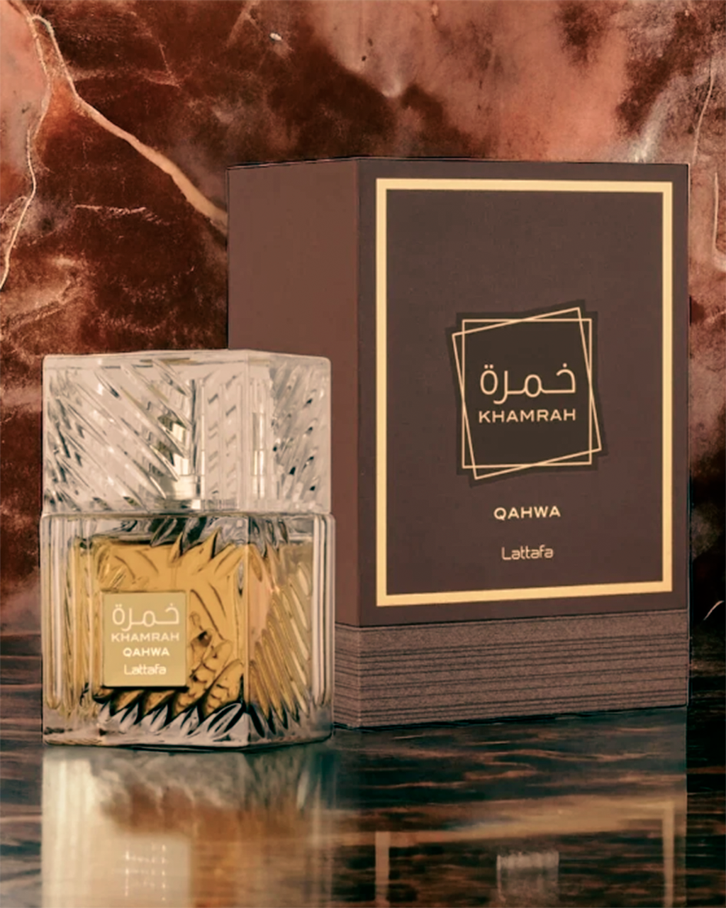 Lattafa Khamrah Qahwa EDP bottle and box — Veluxo luxury lifestyle image