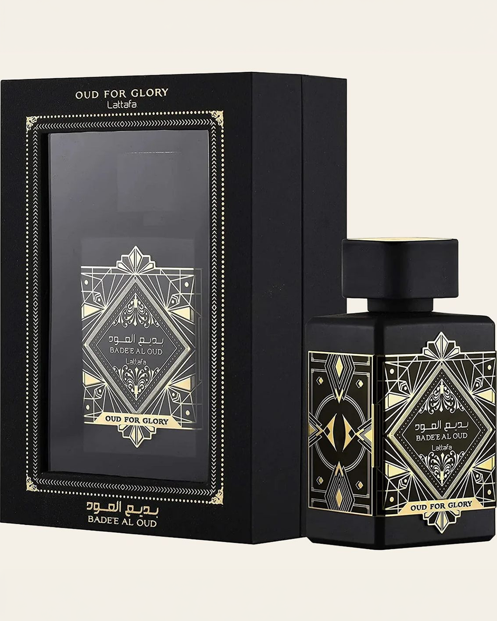 Lattafa Bade'e Al Oud Oud For Glory perfume bottle and box