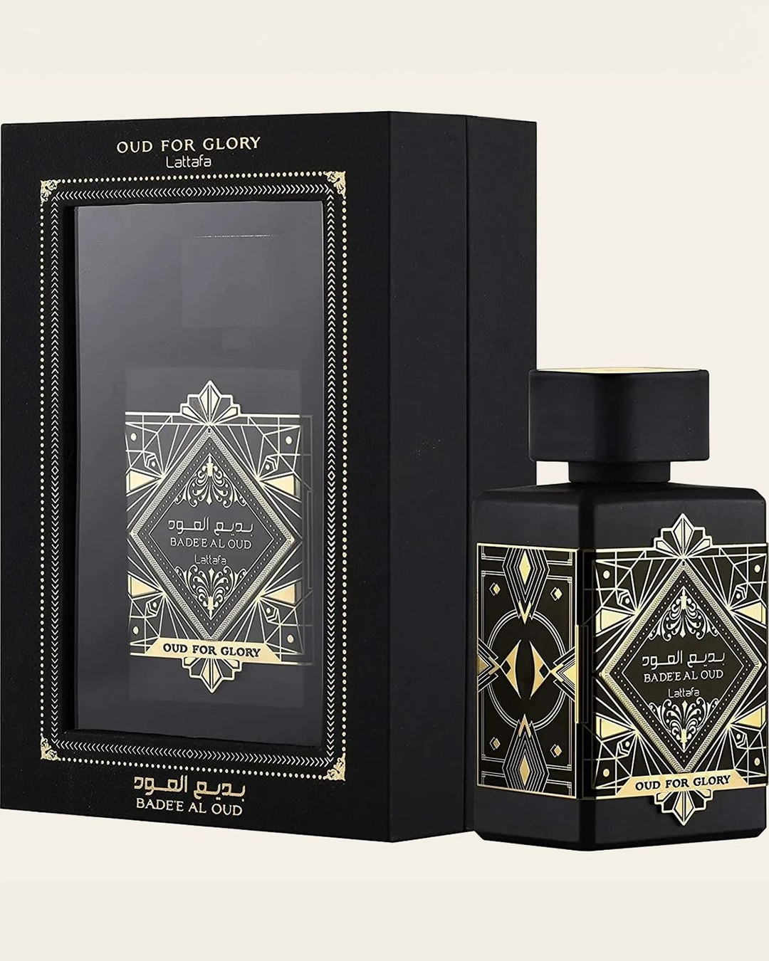 Lattafa Bade'e Al Oud Oud For Glory perfume bottle and box