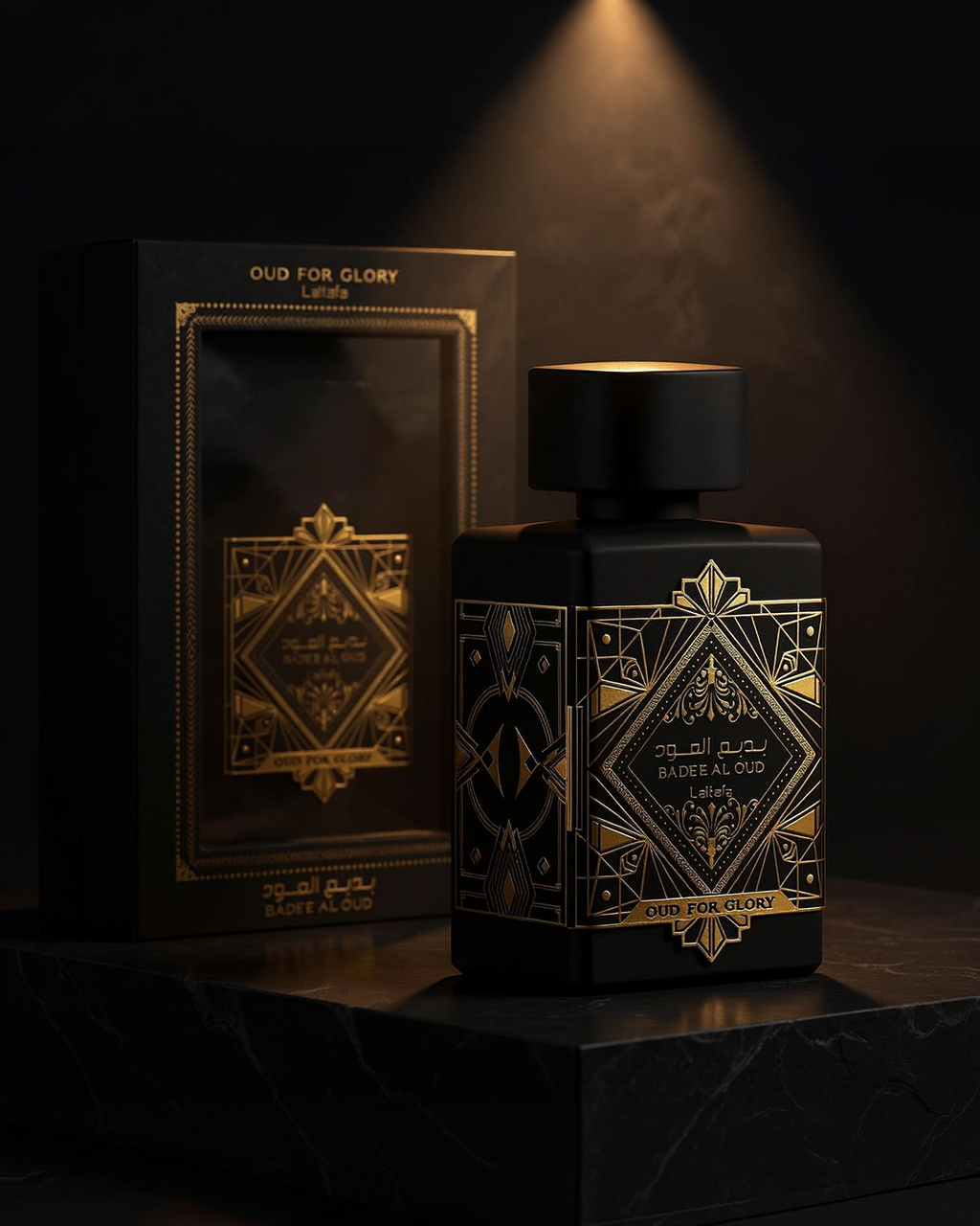 Lattafa Bade'e Al Oud Oud For Glory luxury perfume bottle and box