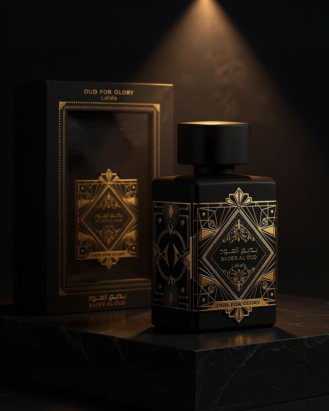 Lattafa Bade'e Al Oud Oud For Glory luxury perfume bottle and box